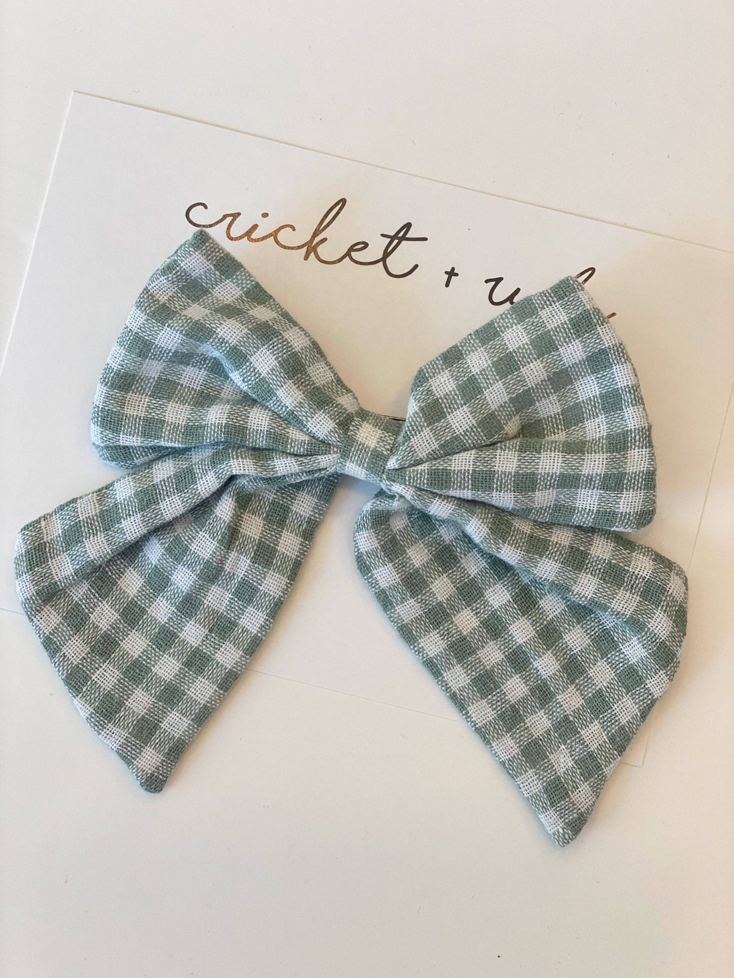 Oversized Linen Bow Clip - Sage Gingham - Blue Kangaroo Clothing