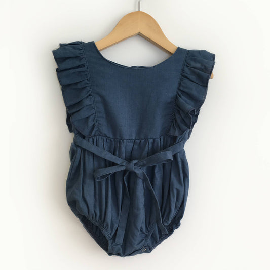 Navy Blue Linen Ruffle Romper